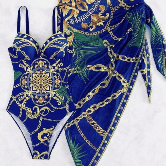 Push Up One Piece Chain Print Swimsuit With Beach Skirt - Picture 6 of 7